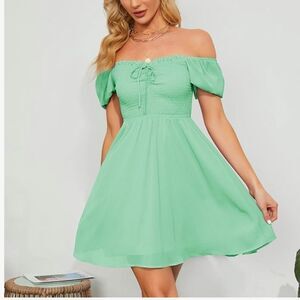 Byinns Sweetheart Neckline Smocked Puff Short Sleeve Front Tie Flowy Mini Dress